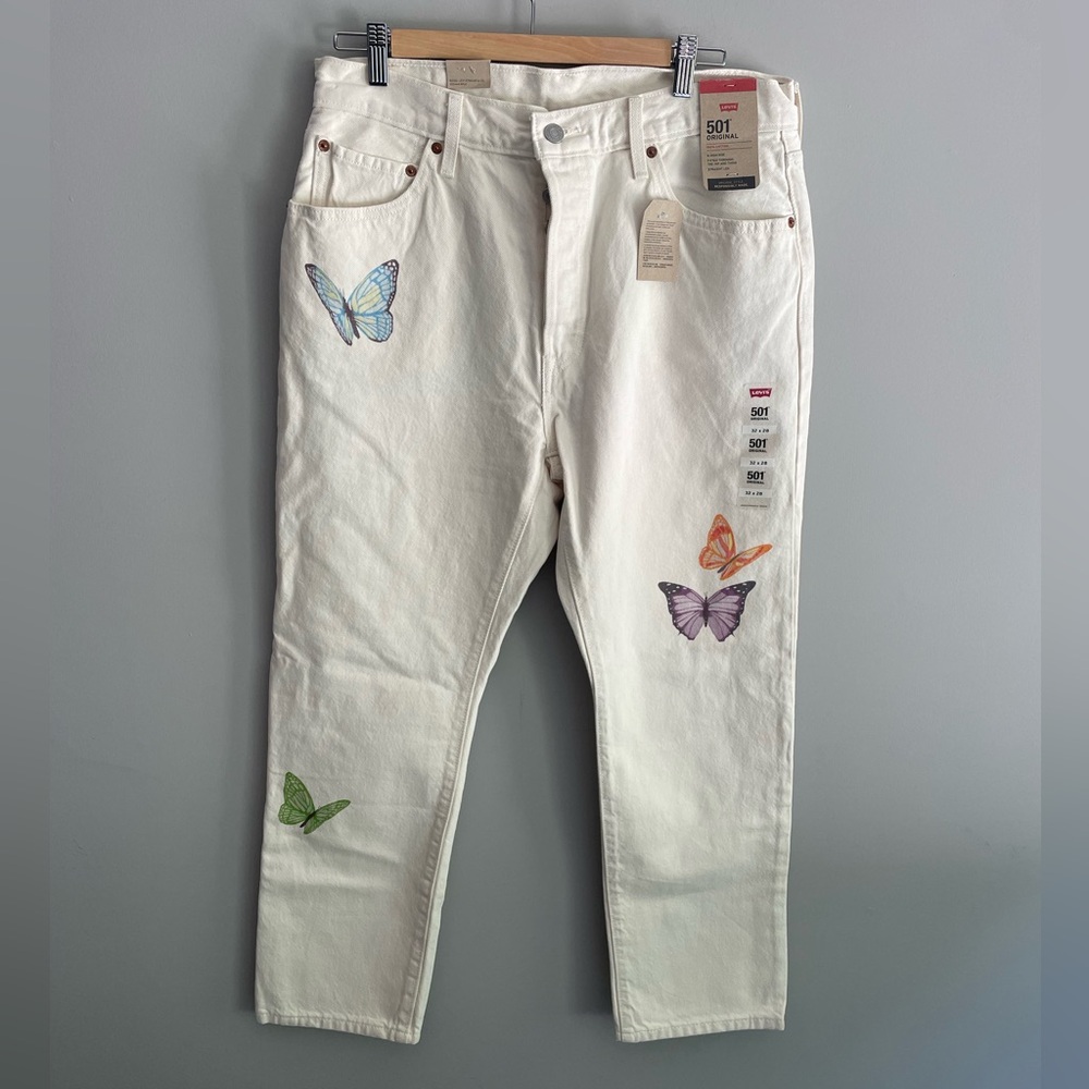 Beautiful and Rare Levis 501 beige jeans with butterflies